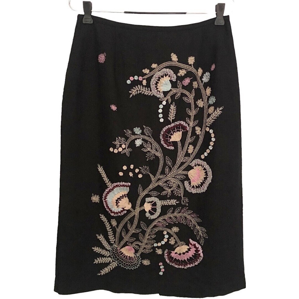 Vintage Beaded Embroidered SKIRT 10 Pencil Black Linen Y2K Dark Fairy Coquette